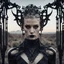 Placeholder: beautiful caucasian half cyborg woman, black metal body and limbs, chrome details, anorexic figure, short blond wavy bob haircut, dystopian, desert scene