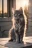 Placeholder: Das Bild zeigt eine junge katze, ein mystisches Wesen, das auf einer Terrasse sitzt. Die katze ist hellgrau und flauschig mit dunkelgrauen Flügeln, die wie Rauchwölkchen aussehen. Ihre dunkelgrünen Augen funkeln mit goldenen Splittern, während sie neugierig in die Ferne schaut. Der Schwanz der katze ist kräftig und löwenähnlich, und er windet sich elegant um ihren Körper. Die Abendsonne taucht die Szene in warmes Licht und betont die Schönheit des mystischen Wesens.