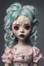 Placeholder: full color, illustration of a dark, menacing, monster girl Singer Melanie Martinez , as a decayed, broken, crude homemade cloth doll toy, with a narrow cracked porcelain face, thick dark eyebrows, hair made from ragged strips of cloth, in the style of Alex Pardee, Tim Burton, and Nadya Sheremet