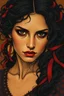 Placeholder: striking Romani woman with smoldering, kohl-rimmed brown eyes that seem to hold centuries of untold stories, her gaze both melancholic and magnetic. Her full lips part slightly as if whispering a half-remembered incantation, while a cascade of wild, raven-black curls tumbles over one shoulder, entwined with gold coins and crimson ribbons. The muted palette—burnt ochre, deep plum, and shadowy sepia—evokes Gustav Klimt’s gilded eroticism, but with Aubrey Beardsley’s sinuous, ink-like precision in