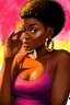 Placeholder: A vibrant digital illustration of a carribean woman with a confident yet playful expression. She is making a gesture by a raised brow. highly detailed short faded haircut. Her large hoop earrings are clearly visible, adding to the bold and expressive character of the artwork. with soft lighting accentuating the details of her face.", ink wash