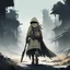 Placeholder: Concept: A lone anime character traveling through a desolate, post-apocalyptic world filled with ruins, mechanical wreckage, and overgrown nature. The character is equipped with scavenged gear, a long cloak, and futuristic weapons or tools. • Color Palette: Dusty, desaturated tones like grays and browns for the environment, with the character in muted greens, blues, or reds to add depth