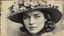 Placeholder: Vintage photograph of a woman in a hat with flowers, torn edges, cracks