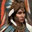 Placeholder: war painted pueblo Indian female, dark, disturbed expression, 12k, ultra high definition, finely tuned detail, unreal engine 5, octane render, ultra realistic face, ethnically accurate face, realistic headress, detailed make-up, soft skin glow, detailed turquoise jewelry, detailed hair, detailed feathers, use dynamic palette, accurate proportions, concerned about the future, high contrast, smokey bokeh background