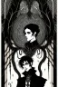 Placeholder: black haired young man necromancer wizard with gothic jewelry and tentacle fingers in the style of Harry Clarke