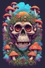 Placeholder: Psychedelic monkey skull surrounded by clouds and overgrown with psychedelic mushrooms. Digital drawing. Colorful. t-shirt design. Cartoon. Digital cartoon. Mid detailed