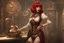 Placeholder: full body shot of a skinny Cleopatra, with a bob red hairstyle, standing in a steampunk setting.