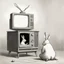 Placeholder: pig watching a tv with a rabbit playing music beksinski style