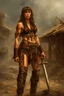 Placeholder: Lucy Lawless as Xena Warrior Princess ,Very muscular tanned woman with long dreadlocks and tribal tattoos in barbarian clothes with bronze axe in abandoned village, realistic face, close-up, brutal, dark fantasy, smoke in the sky, lightnings, rain, intricate details, hyper detailed, Jean Baptiste Monge, Carne Griffiths, Michael Garmash, seb mckinnon ,Xena Warrior Princess