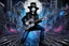 Placeholder: Mixed media picture, the background is black and white line art 3d cyber city In the middle a colorful photo of an attraktive goth asian man playing on the old guitare , wearing goth dark blue clothsirt, shiny black jeans, steampunk black hat and black boots, his hair is deep blue-black-silver colors, enhancing the contrast between her and the black and white cityscape space