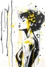 Placeholder: woman show, abstract splatters and drips, Monochrome with yellow accents, white background