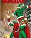 Placeholder: two elves. woman and man. Christmas scene. poster. marvel comic. low-key