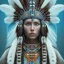 Placeholder: war painted pueblo Indian female,detailed eyes, blue eyes,, disturbed expression.intricate detaile,thnically accurate face, intricate head dress,detailed turquoise jewelry, detailed hair, detailed feathers, use dynamic palette, accurate proportions, high contrast black smokey bokeh background.studio ghibli,andrea bonelli,Kilian Eng,Ohrai, korra character, style.