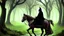 Placeholder: Dark robed wizard on a horse in the forest