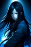 Placeholder: Black hair, long hair, girl, black hoodie, long pants, shining blue eyes, katana behind her back