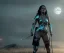 Placeholder: Rita ora, armor, longbow, holding arrow, long curly black hair, choker, hands, moonlight