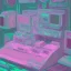 Placeholder: 1980's aesthetic vaporwave computer in plain pink room