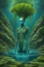 Placeholder: Ecological Art, plants, floating earths, long leaf tendrils, green colors and shades, in blue waters full body beauty mitical human-plants mutant meditates in stunning alien flora , cinematic, mistic mood