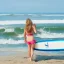 Placeholder: Young teen girl on a beach with a surfboard.