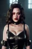 Placeholder: Kat Dennings as evil queen in black leather gown, cleavage, angry, stern look, unreal 5, octane render,cinema4d, dynamic lighting, dramatic lighting, 4k, redshift render, highly detailed, hyper realistic