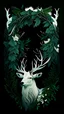 Placeholder: beautiful white mane with big deer horns made from ivy and white flowers, front facing dark smooth colors, forest green background,