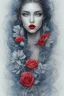 Placeholder: blue Pencil drawing of a woman with red lips and flower in hair on watercolor paper