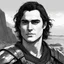 Placeholder: A portrait of Joaquin Phoenix in his early 30s, long beachy haircut, black hair, on a rocky island, in ebony armor from Skyrim, melancholic and dangerous facial expression, half-smiling, drawn in the style of ink manga sketch