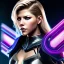 Placeholder: Katheryn Winnick, Cyborg anime warrior, cyberpunk, light black short hair, pixie hairstyle, cobalt eyes, waist up portrait, 8k resolution, retroanime, intricate details, neon details, soft lighting, vibrant colors, masterpiece, intricate eyeliner, dark eyeshadow, eyes, intricate tattoos, gradient background