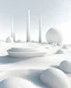 Placeholder: futuristic white background with large organic spikey shaped beams and columns surrounding an empty landscape covered in pale white grass. planets and stars are in the background. the lighting is bright white and the atmosphere is sci-fi