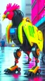 Placeholder: CHICKEN robot, sci-fi, cyberpunk, full body, ultra realistic, virtual reality, cyberpunk city and colors