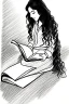 Placeholder: Pencil sketch of Young woman, Arab features,sad, long wavy hair, reading a book, full body، on lined paper