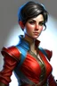 Placeholder: create an adult female air genasi from dungeons and dragons, black short hair, light blue eyes, wind like hair, wearing red leather clothing, realistic, from waist up, digital painting, high resolution