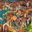 Placeholder: An old magical dark little town with a castle and canals Nick Harris style