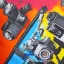 Placeholder: elements of photographic equipment. poster graphics. high detailed. acrylic painting and ink.