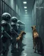 Placeholder: Bosch painting style, nightmare , three Ai robot prison guards with Ai robot dogs watching a human prisoners lined up in line one after another , great quality picture with cinematic scenes , prison bars the background