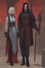 Placeholder: A couple, from the dnd game curse of Strahd. The woman has long white hair and blue eyes, the man has LONG BLACK hair and red eyes, no facial hair. He is standing protectively behind her.