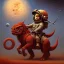 Placeholder: 1yo little boy is on safari on the moon. riding on the red dinosaur. he has big and a funny hat. High detailed. Cinematic. oil on canvas painting. Warm lights. beksinski