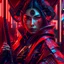 Placeholder: A beautiful cyberpunk samurai in a futuristic red 8K kimono