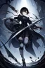 Placeholder: Anime girl with short black hair and sharp green eyes holding a sinister spear, full body black and white metal plate armour, full body shot, Dark lighting,1woman, soaked in blood,Warrior