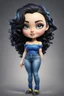 Placeholder: Create an airbrush image of a curvy chibi cartoon white female wearing tight yellow jeans and a blue off the shoulder blouse. Prominent make up with hazel eyes. Extremely highly detailed shiny black wavy hair flowing down her back