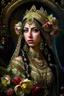 Placeholder: Beautiful facee Arabian Princess front wiev portrait, adorned with giant Jasmine, and lily flower ,roses , golden pearls , zafir gemstone headress, wearing floral, lace, pearls, zafirs ornate Iranian costume, organic bio spinal ribbed detail of Iranian style full jasmin and rose and persian garden background by the moonlight extremely detailed hyperrealistic maximalist portrait art 256K