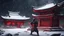 Placeholder: Hyper Realistic muscular-samurai training outside a Dark-Abandoned-Red-Colored-detailed-crafted-Chinese-Temple Almost Covered in Snow at dark-snowfall-night