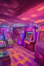 Placeholder: A dark photo an 80's aesthetics arcade at night, with a lot of functioning arcade machines, a vaporwave floor and some colorful tiles in between the floor. Purple Themed, purple aesthetics.