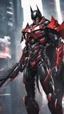 Placeholder: A close picture to Mix between symbiote and machine and batman in transformers cyborg with black metal and red details armor in solo leveling shadow art style with red details detailsis in fantasy world