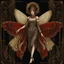 Placeholder: Full Body, Art Nouveau Woman With A Bob With A Fringe Hairstyle, Cleopatra Clothing, Steampunk Metal moth with red wings, Black Background