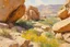 Placeholder: Sunny day, rocks, big rocks, vegetations, distant mountains, sci-fi, konstantin korovin, and willem maris paintings