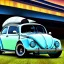 Placeholder: blimp vw-beetle hybrid, retrofuturistic, phototrealism, in flight, one subject,