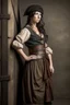 Placeholder: pirate woman with -cut dress leaning against the wall, realistic style, full figure frontal