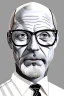 Placeholder: black and white,real estate agent,bald white male with grey beard,55 years old,metal wire frame glasses,, necktie,portly,detailed drawing,white background