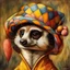 Placeholder: Imagine an anthropomorphic meerkat with a harlequin hat ,by Judith Leyster. in the style of August Macke, John Blanche. Modifiers: oil on canvas vibrant imperial colors hyperrealistic ultra detailed crisp quality whimsical muted colors Decadent 64K, UHD, HDR, HQ anthropomorphic face dark, gloomy, mysterious ©Miwi metallic bronze accents